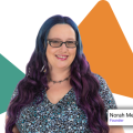 Portrait of a woman with long wavy hair and glasses with two triangles in the background and a name and title card in the lower right corner with the text "Norah Medlin" and "Founder"